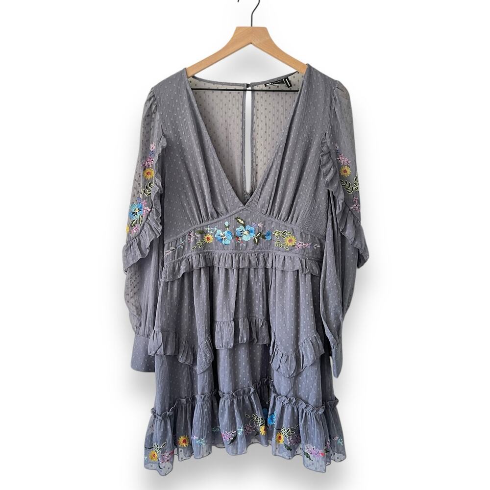 Women's Size 12 ASOS Creations Gray Floral Baby Doll Flounce Sleeve Dress Size